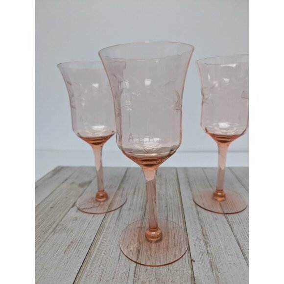 Set of 3 Vintage Tiffin Pink Optic Water Wine Stem Glasses 7 3/8" Depression Gla - Picture 8 of 9